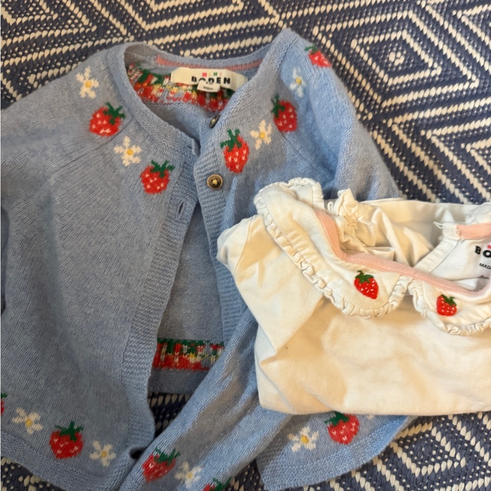 Boden Strawberry Cardigan and Cotton Long Sleeve Top size 2-3y